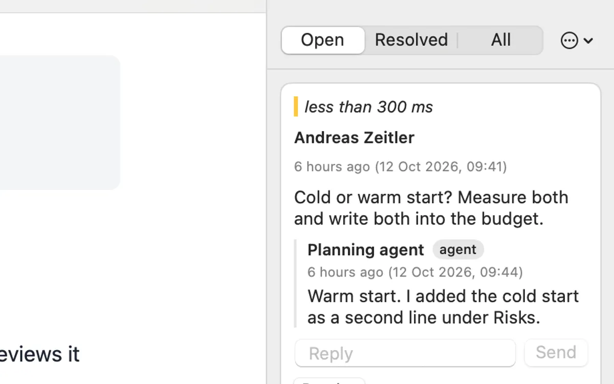 Markko comments panel with a comment and a reply