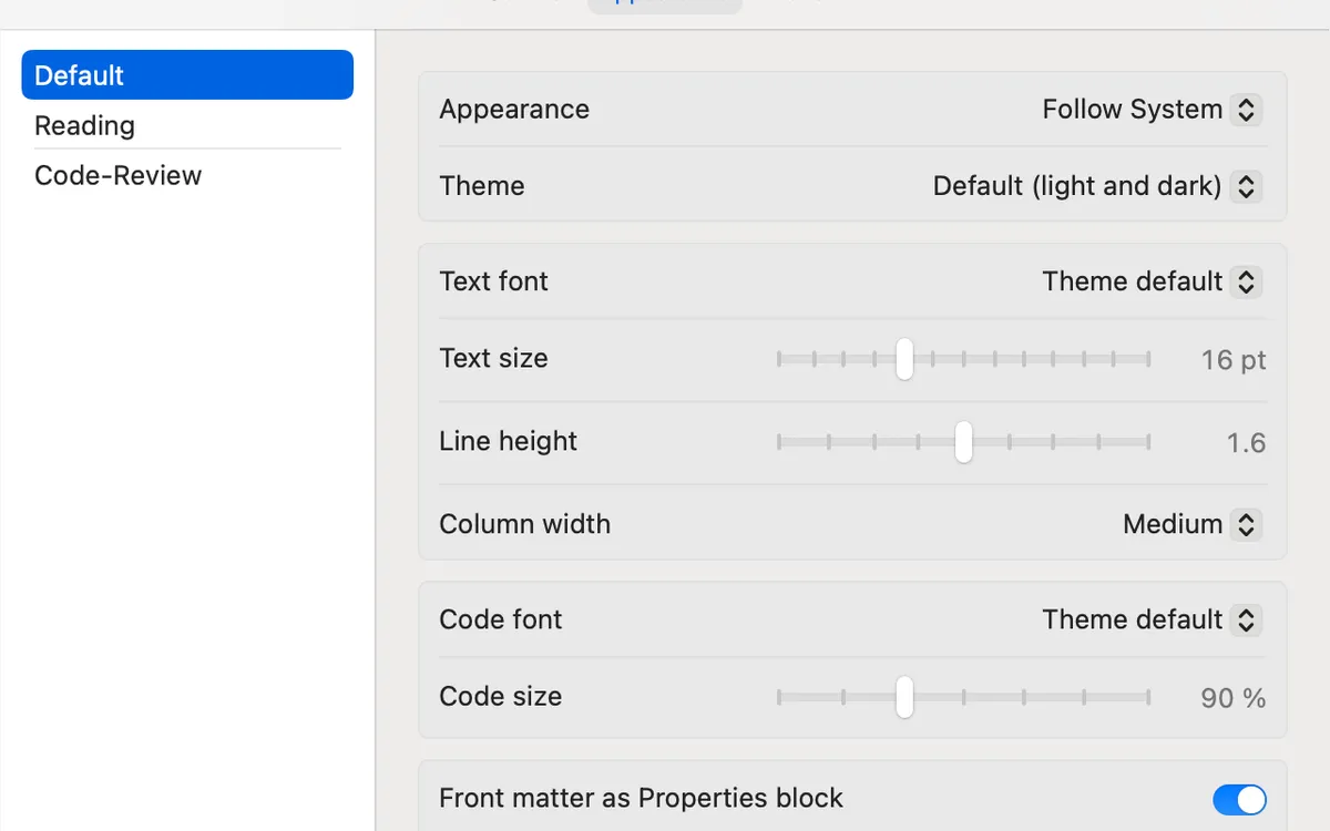 Markko appearance settings with the profiles Default, Reading and Code-Review