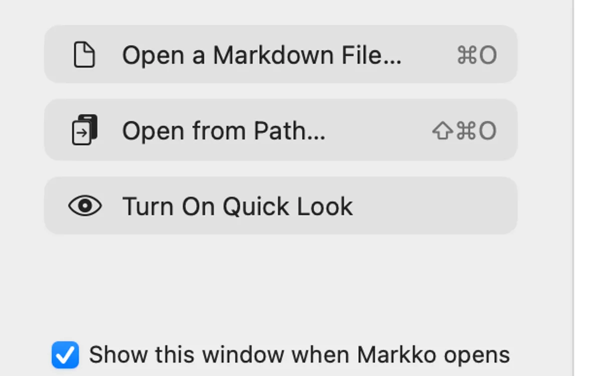 Markko Welcome window with the button Turn On Quick Look