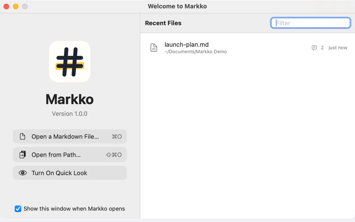 Markko Welcome window with recent files