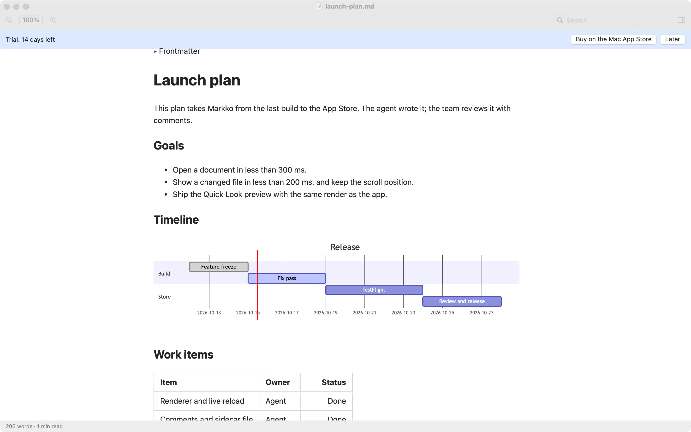 Markdown Better View showing the same launch-plan.md