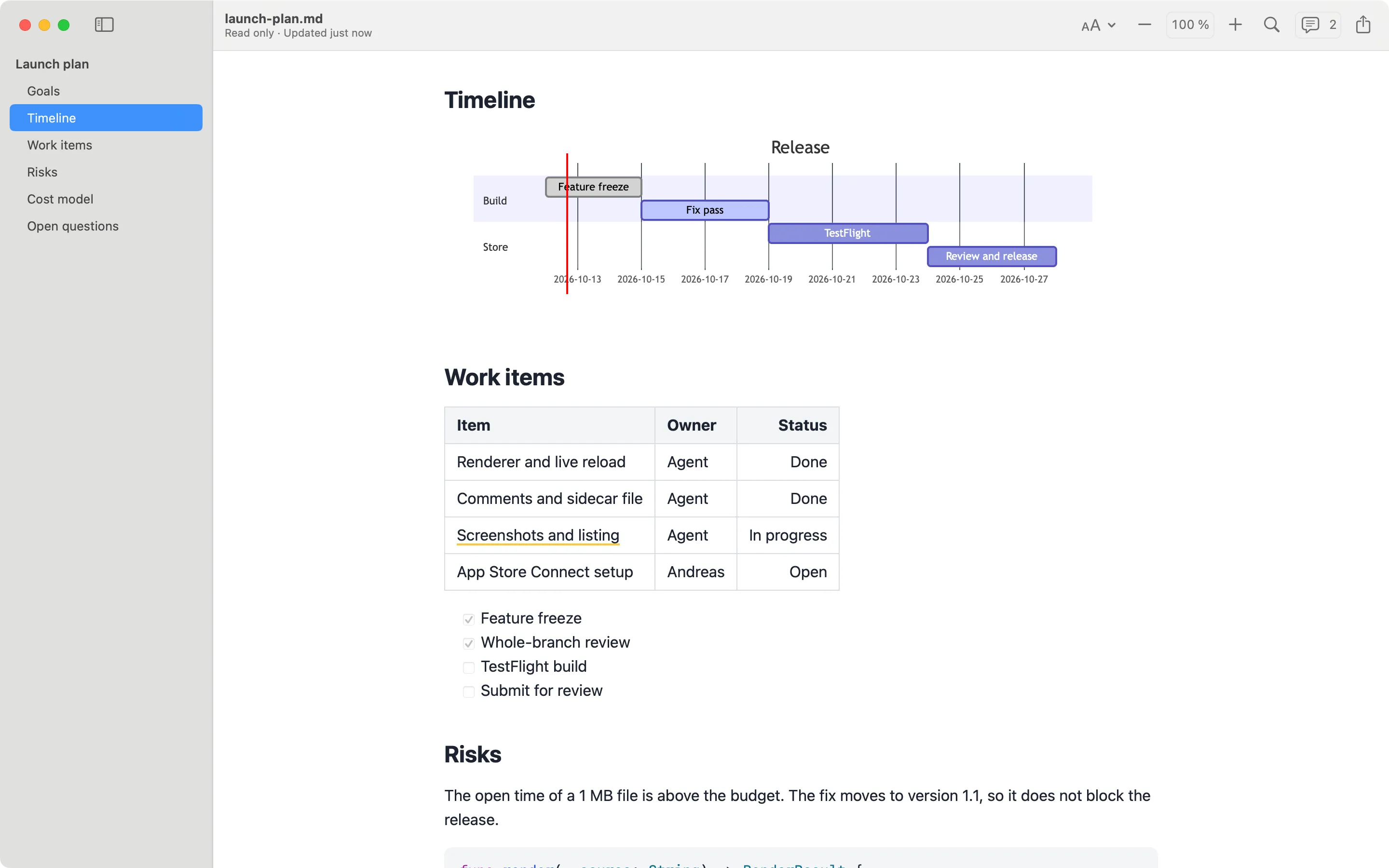 Markko showing a Mermaid Gantt chart, a table and a task list