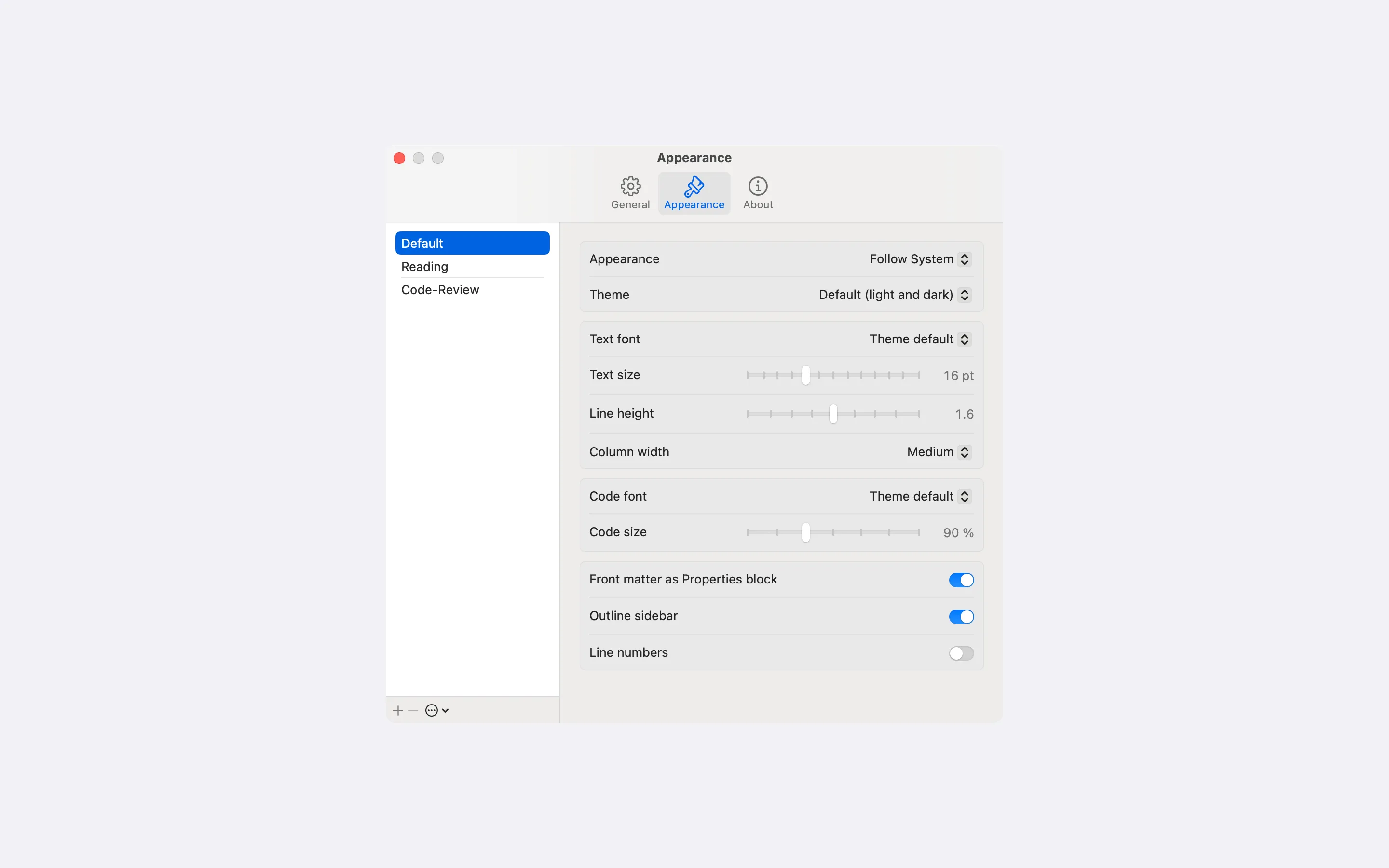 Markko settings, Appearance tab: profiles Default, Reading and Code-Review, with theme, fonts, text size, line height and column width