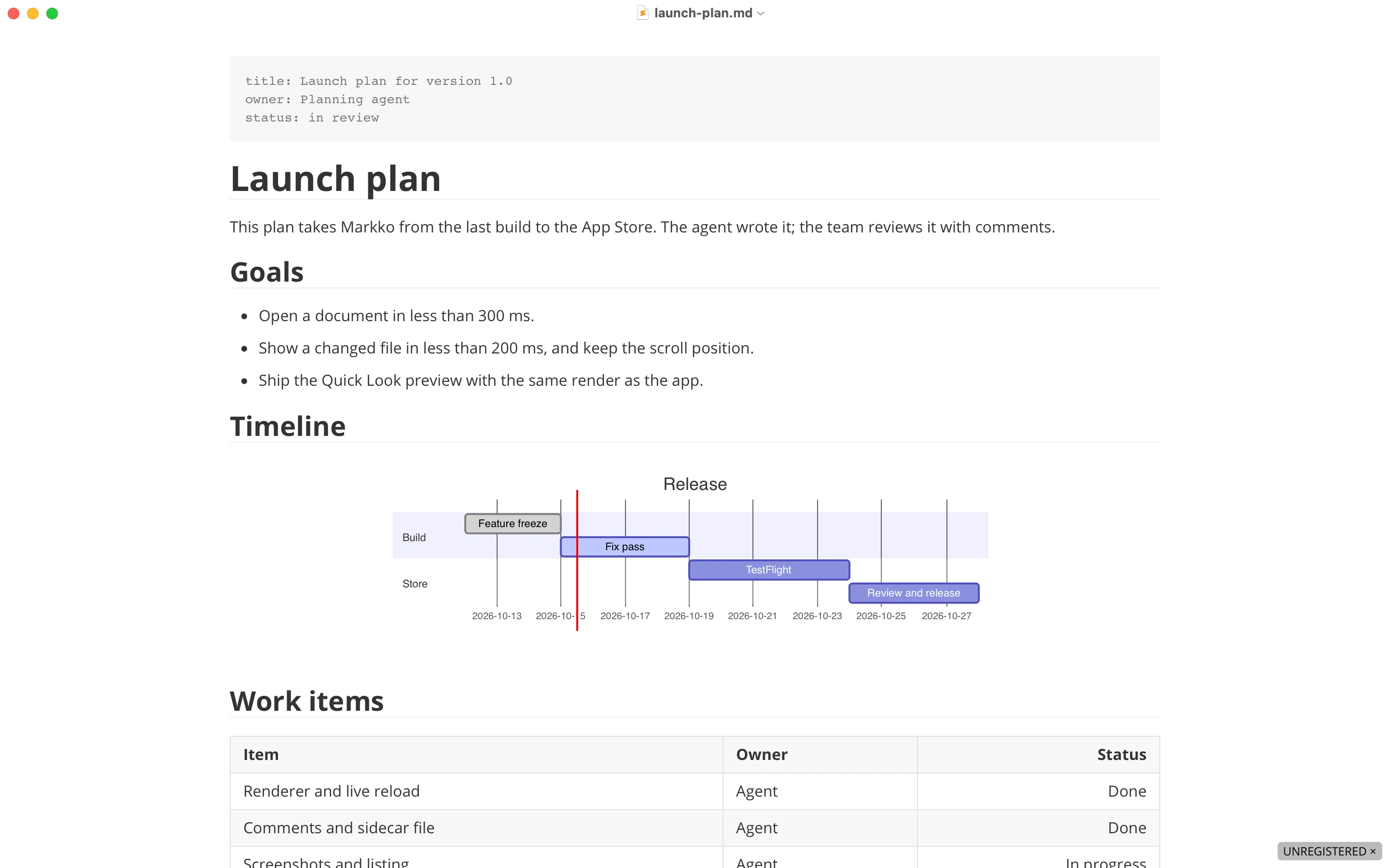Typora showing the same launch-plan.md