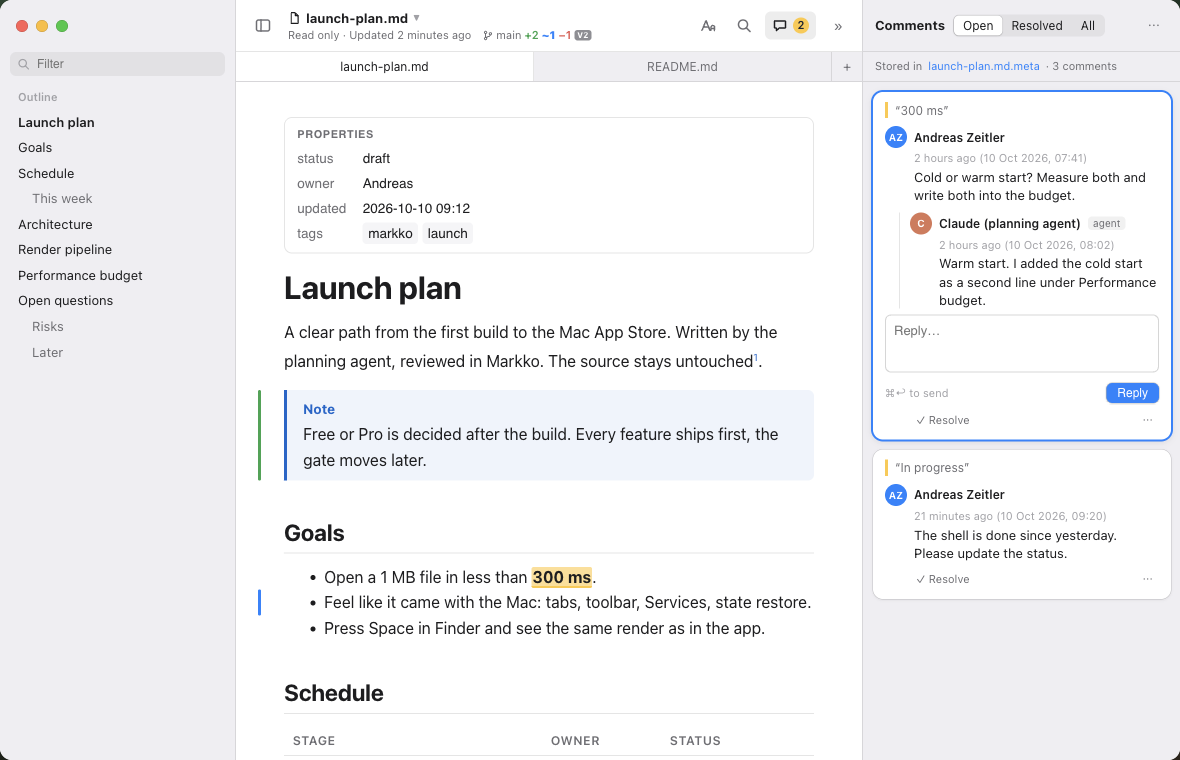Markko window with outline, document and comments